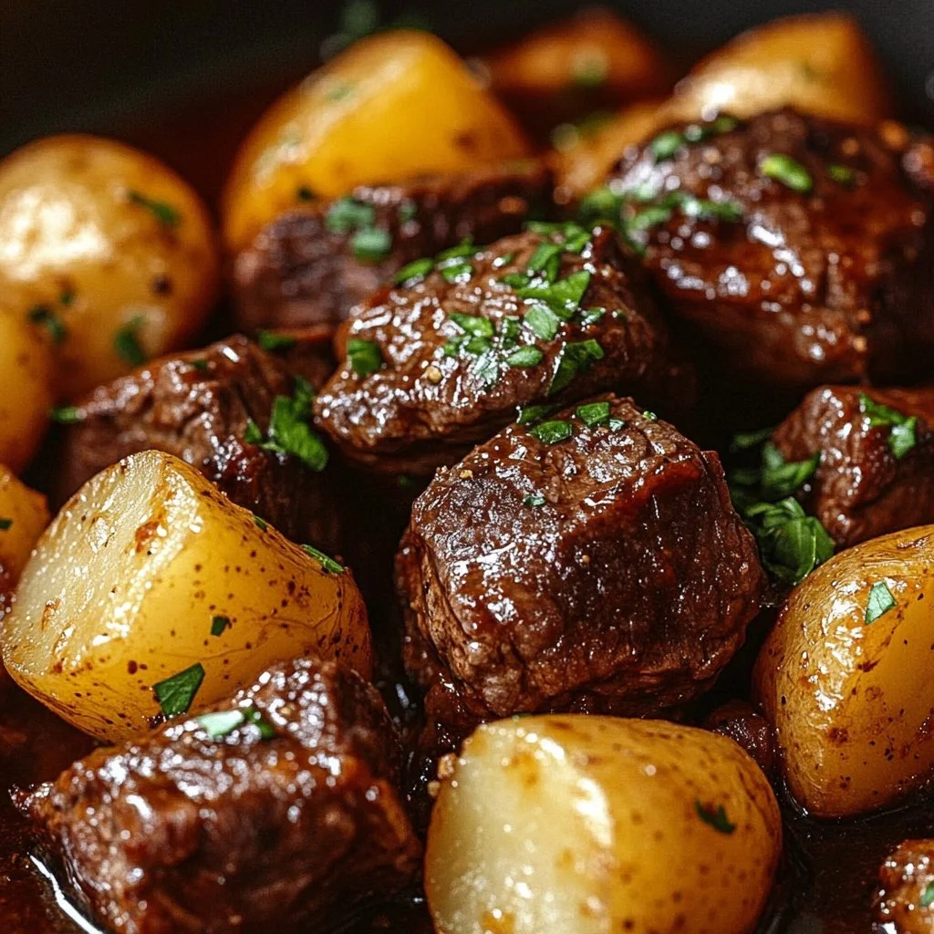 Slow Cooker Butter Beef with Potatoes 2 Delicious slow cooker butter beef with potatoes served on a plate