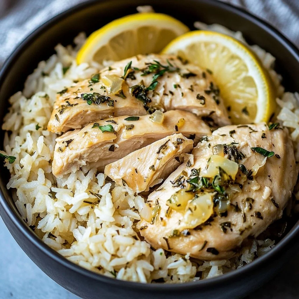 Slow Cooker Lemon Herb Chicken and Rice 2 Slow cooker lemon herb chicken served with rice and herbs