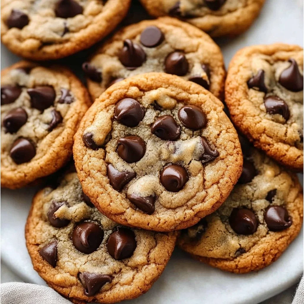 Freshly baked soft and chewy chocolate chip cookies on a plate