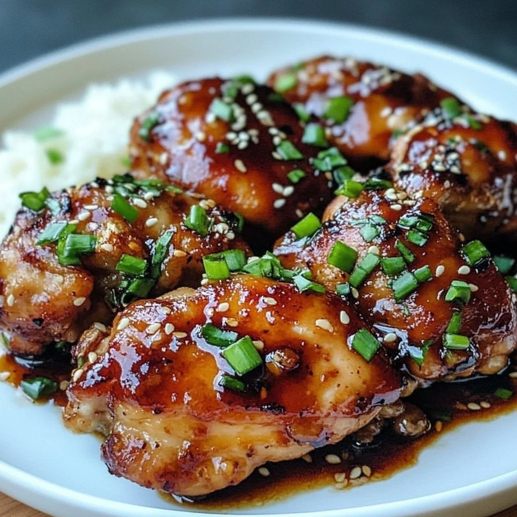 Delicious plate of Soy Garlic Chicken garnished with scallions
