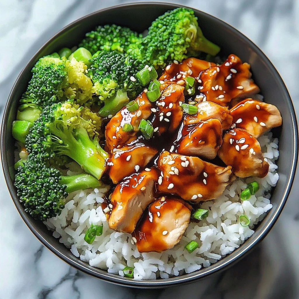 Delicious sticky chicken rice bowls topped with fresh herbs and vegetables