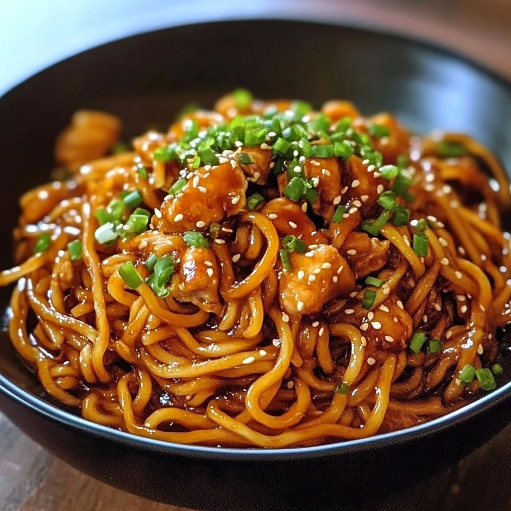 Plate of sticky garlic chicken noodles with vegetables and garlic sauce