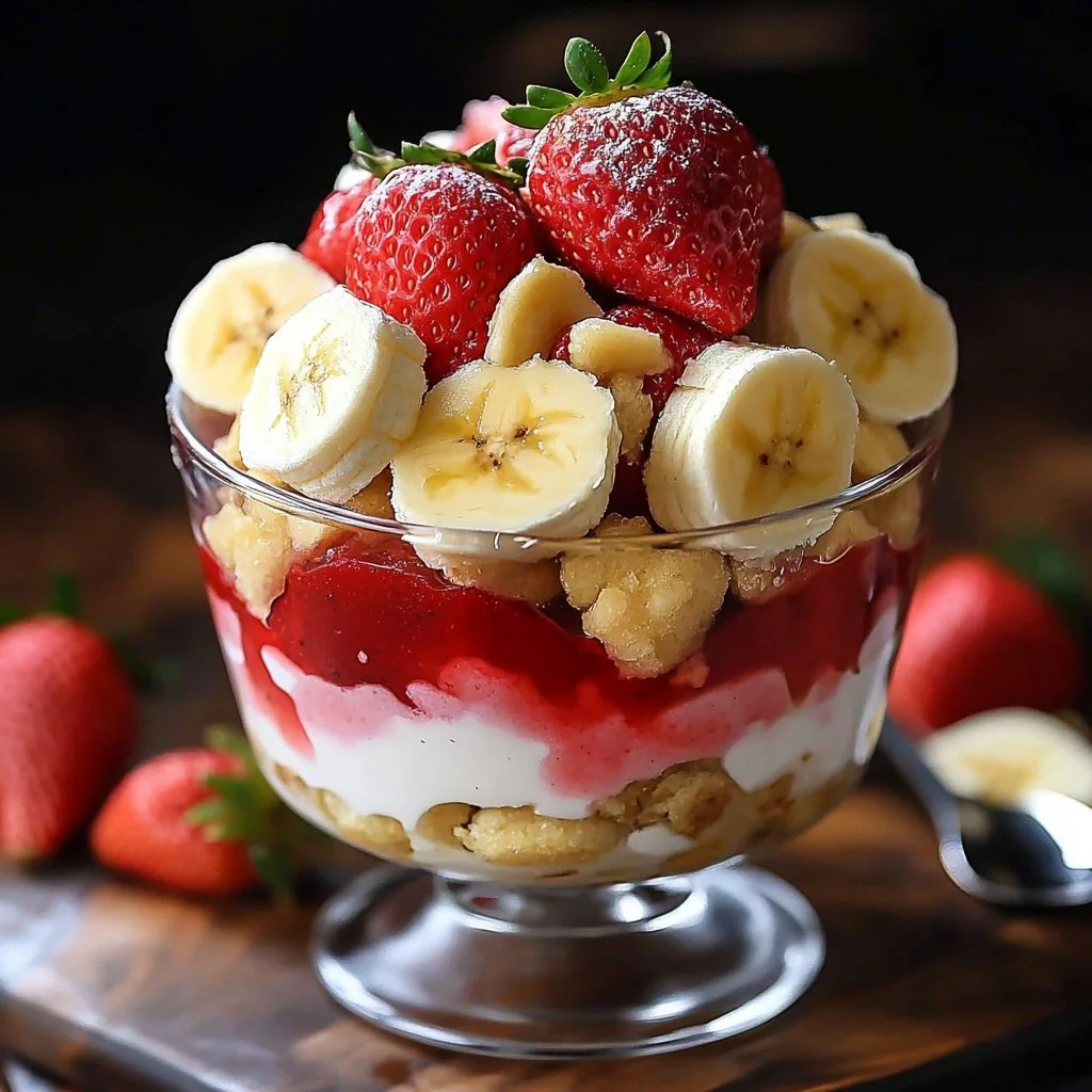 Delicious strawberry banana pudding topped with fresh strawberries and banana slices