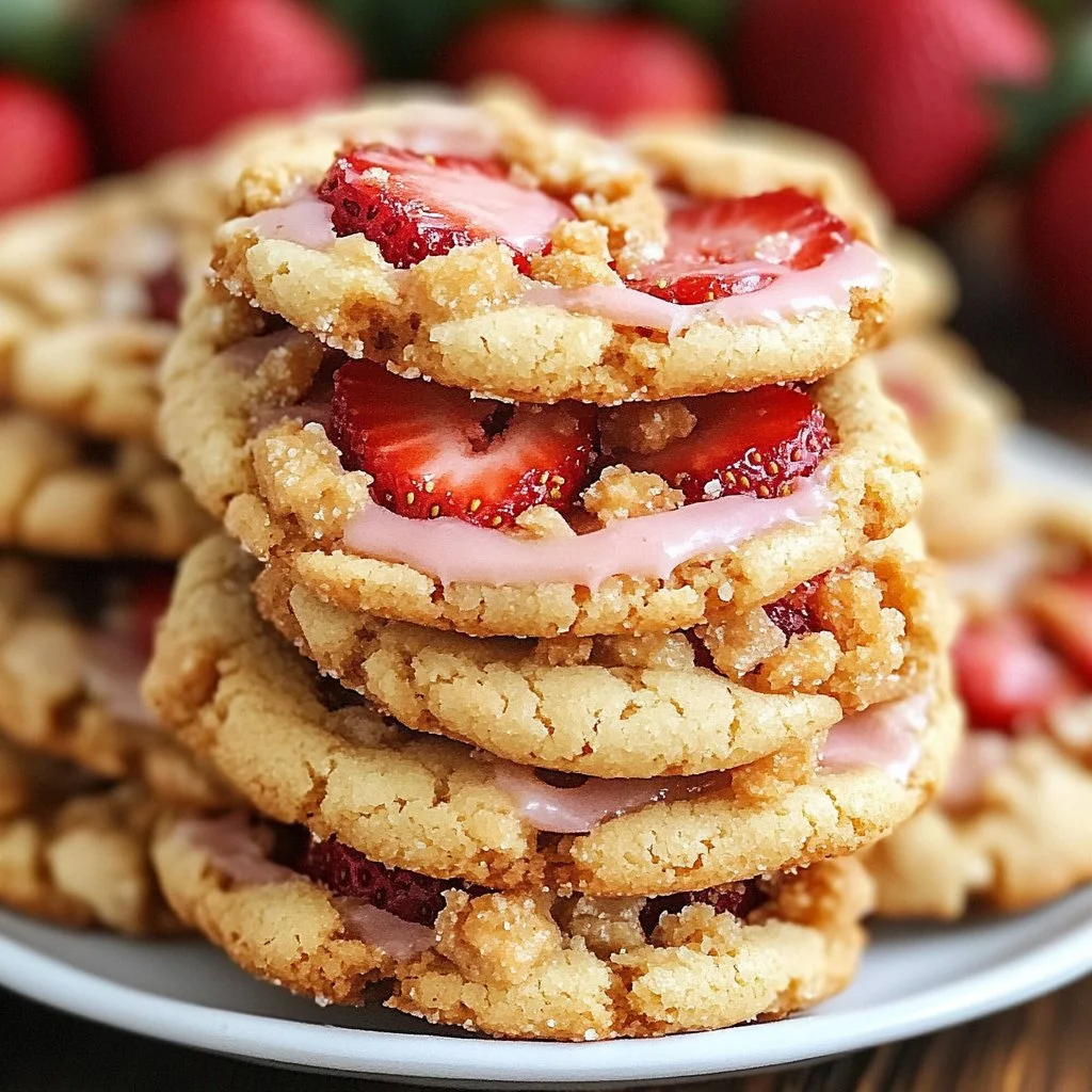 Freshly baked strawberry crunch cookies with a crunchy topping