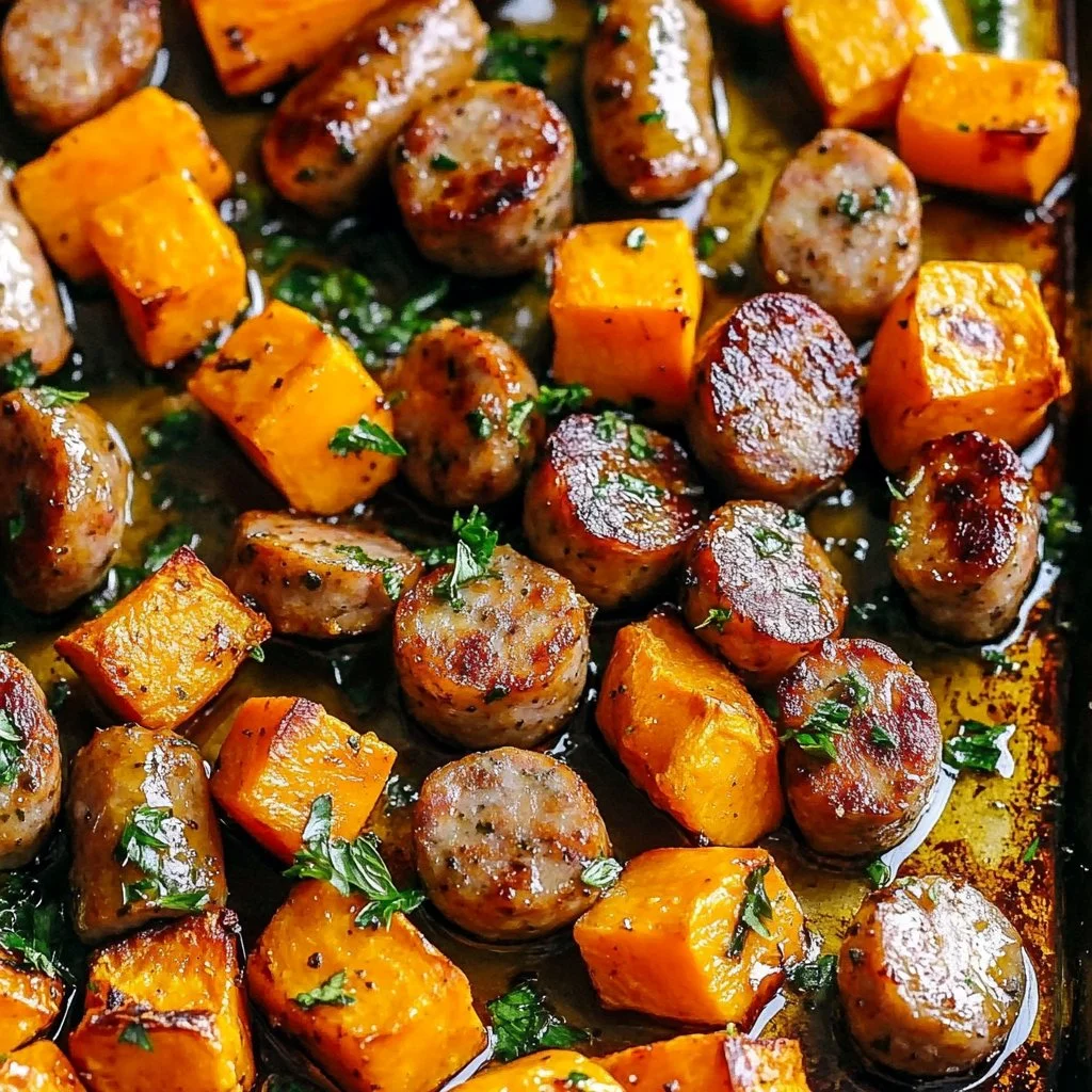 Honey Garlic Sheet Pan Sausage and Sweet Potatoes