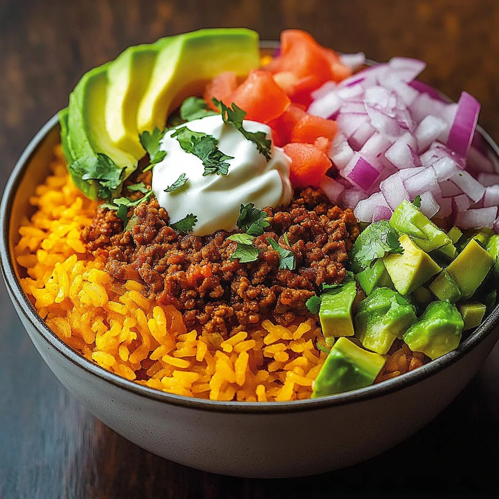 Delicious Taco Rice Bowl topped with fresh ingredients and vibrant flavors