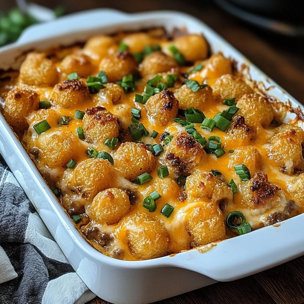 Delicious Tater Tot Casserole topped with crispy tater tots and melted cheese.