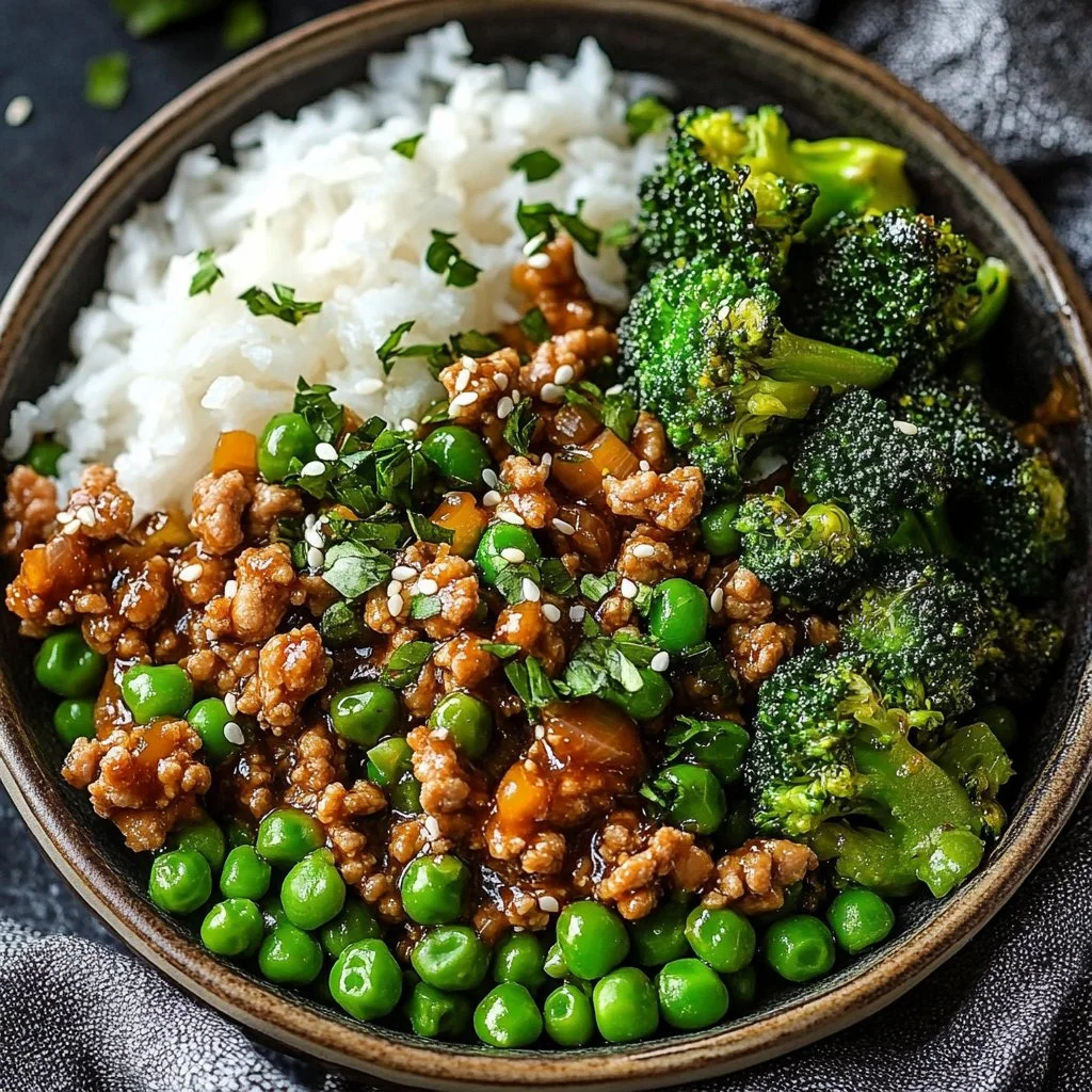 Plate of Teriyaki Ground Turkey with broccoli and peas