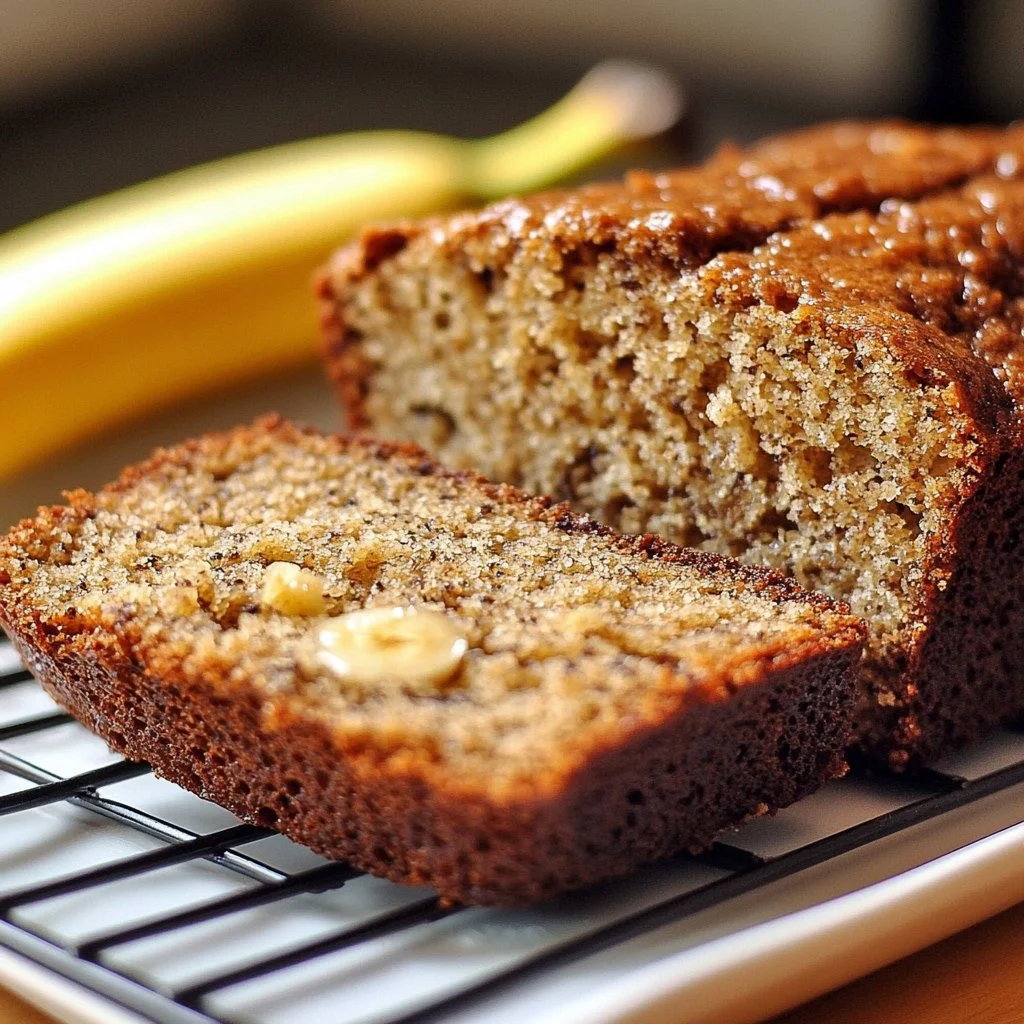 Loaf of freshly baked banana bread on a wooden table