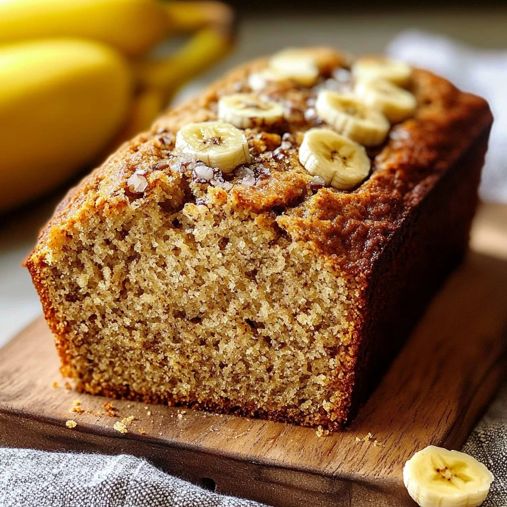 Freshly baked homemade banana bread on a wooden table