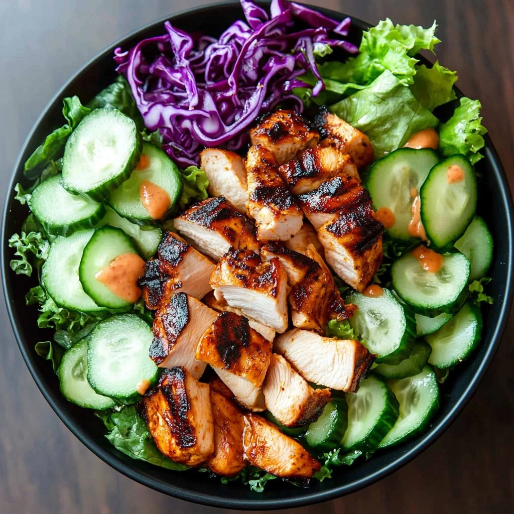 Delicious Bang Bang Chicken Bowl served with fresh vegetables and spicy sauce.