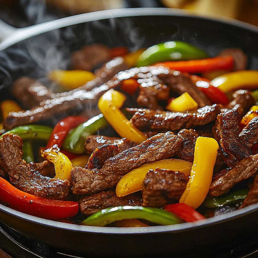 Delicious Blackstone steak fajitas served with peppers and onions