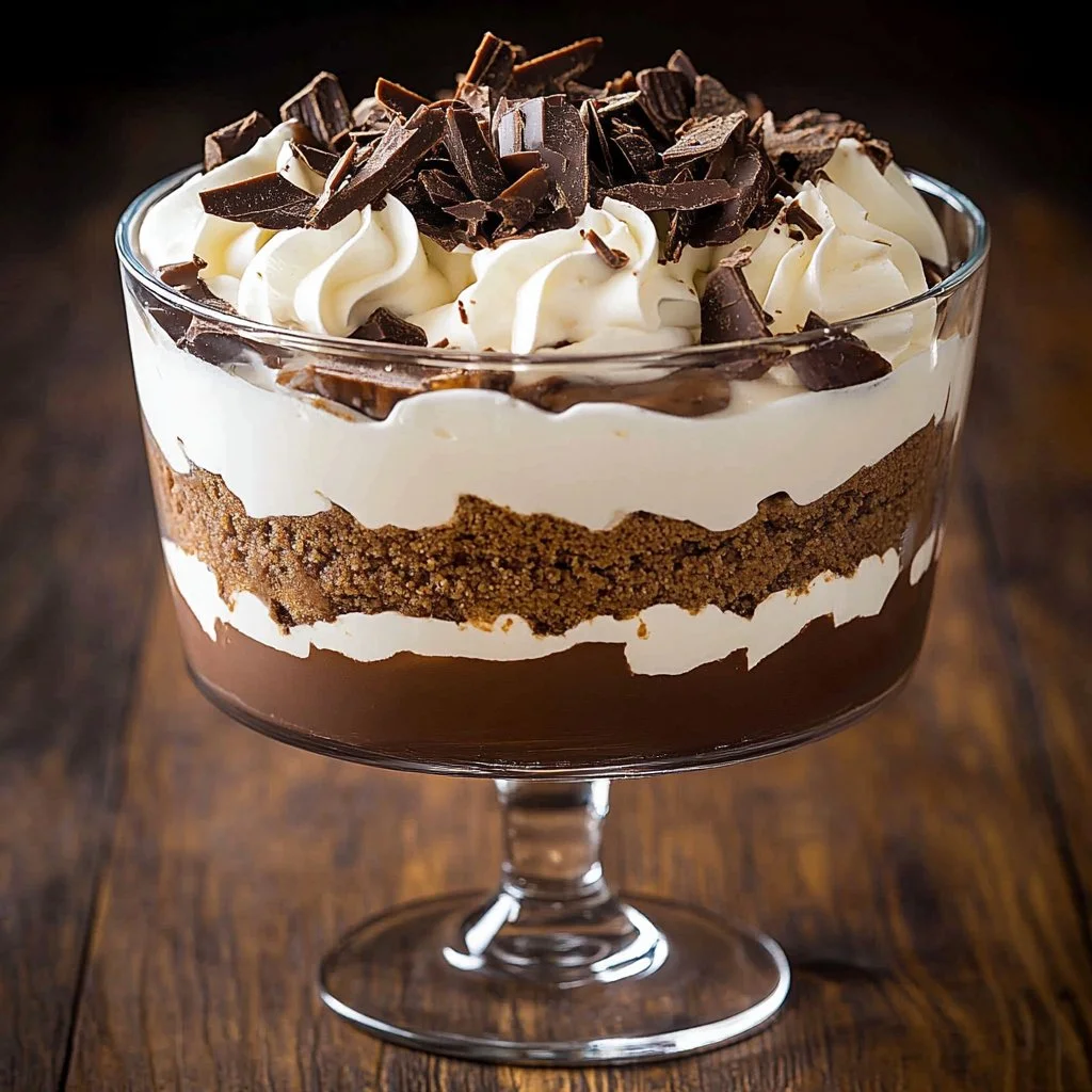 Decadent Brownie Trifle with layers of brownies, cream, and chocolate sauce