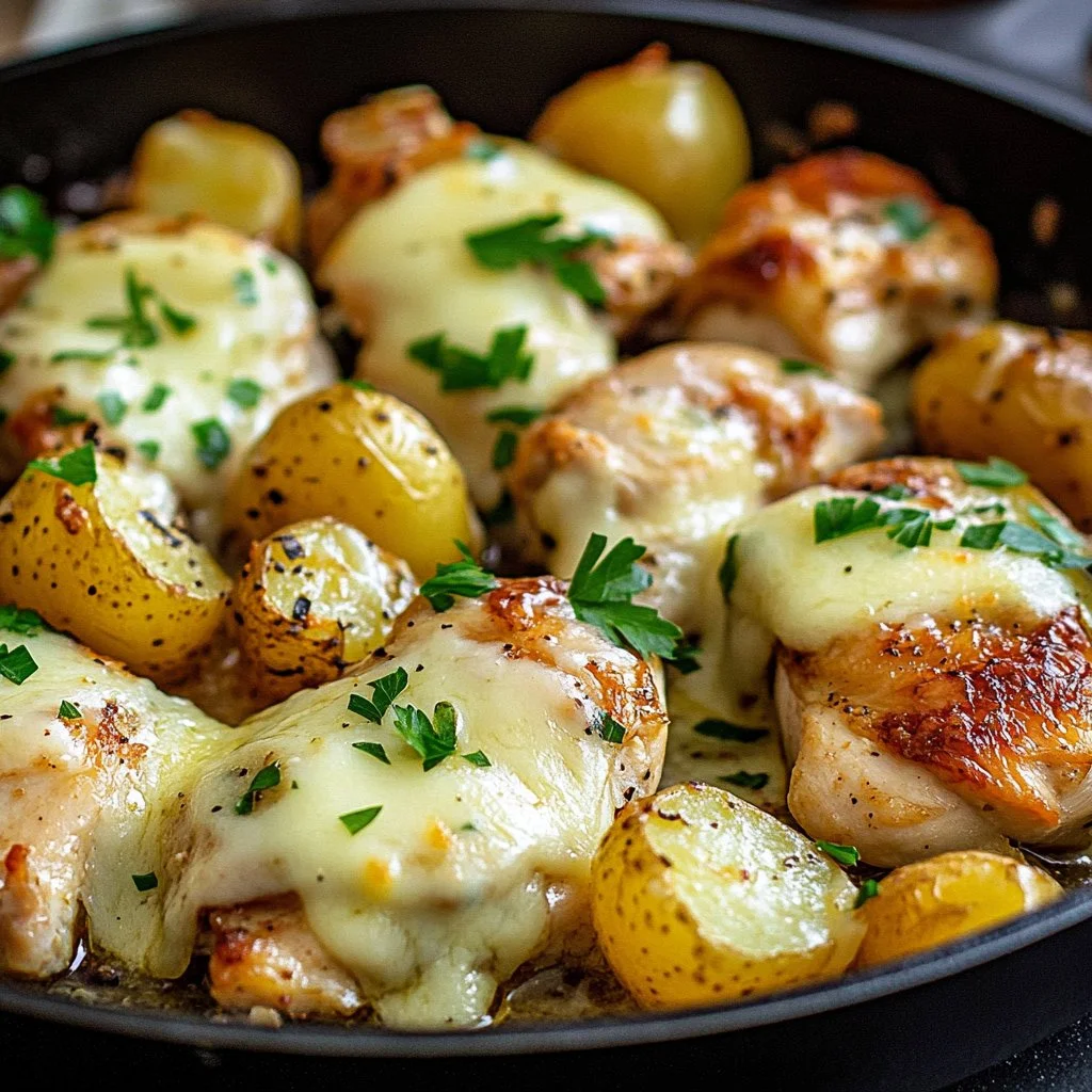 Delicious Chicken and Potatoes Skillet dish on a wooden table