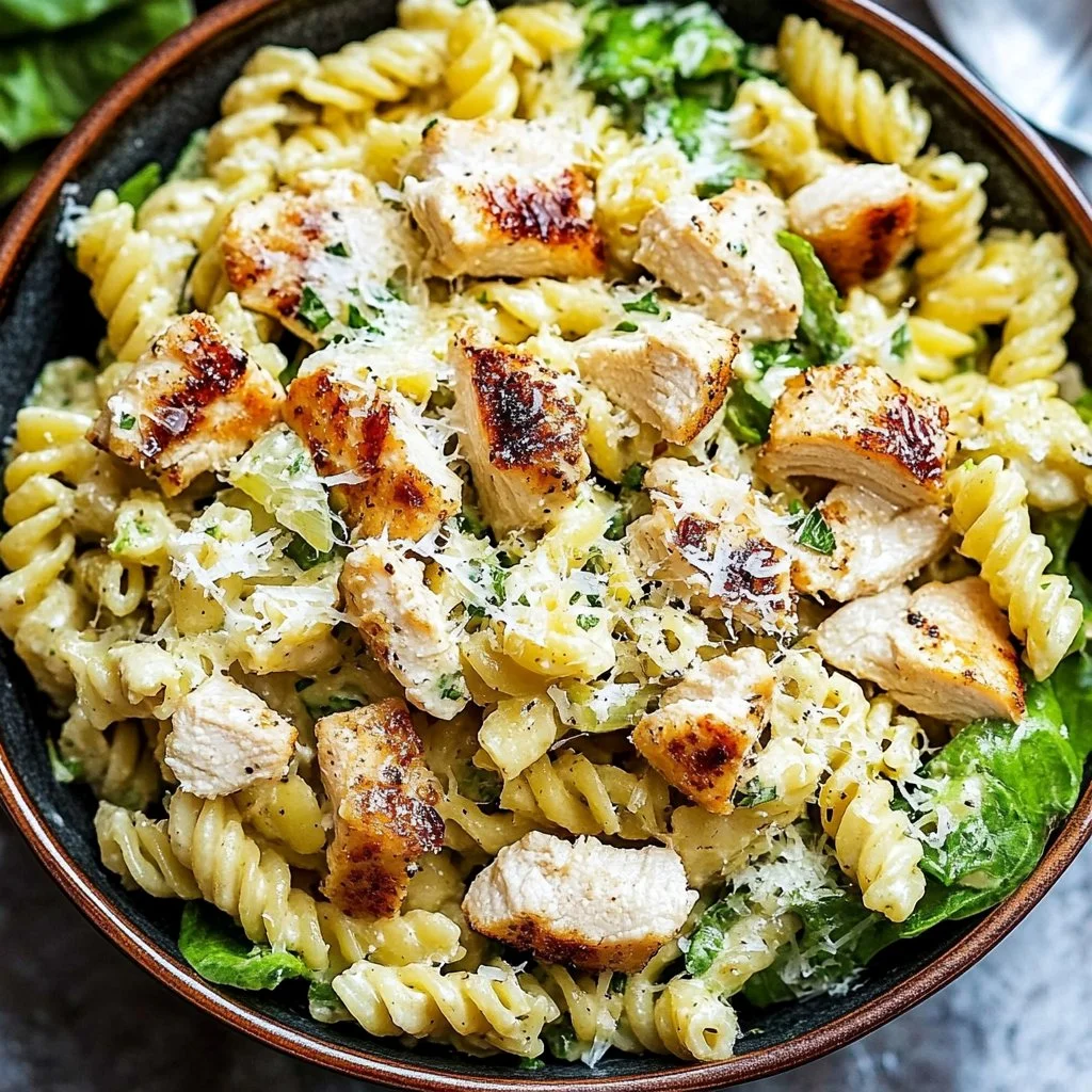 Delicious Chicken Caesar Pasta Salad served in a bowl with fresh ingredients.