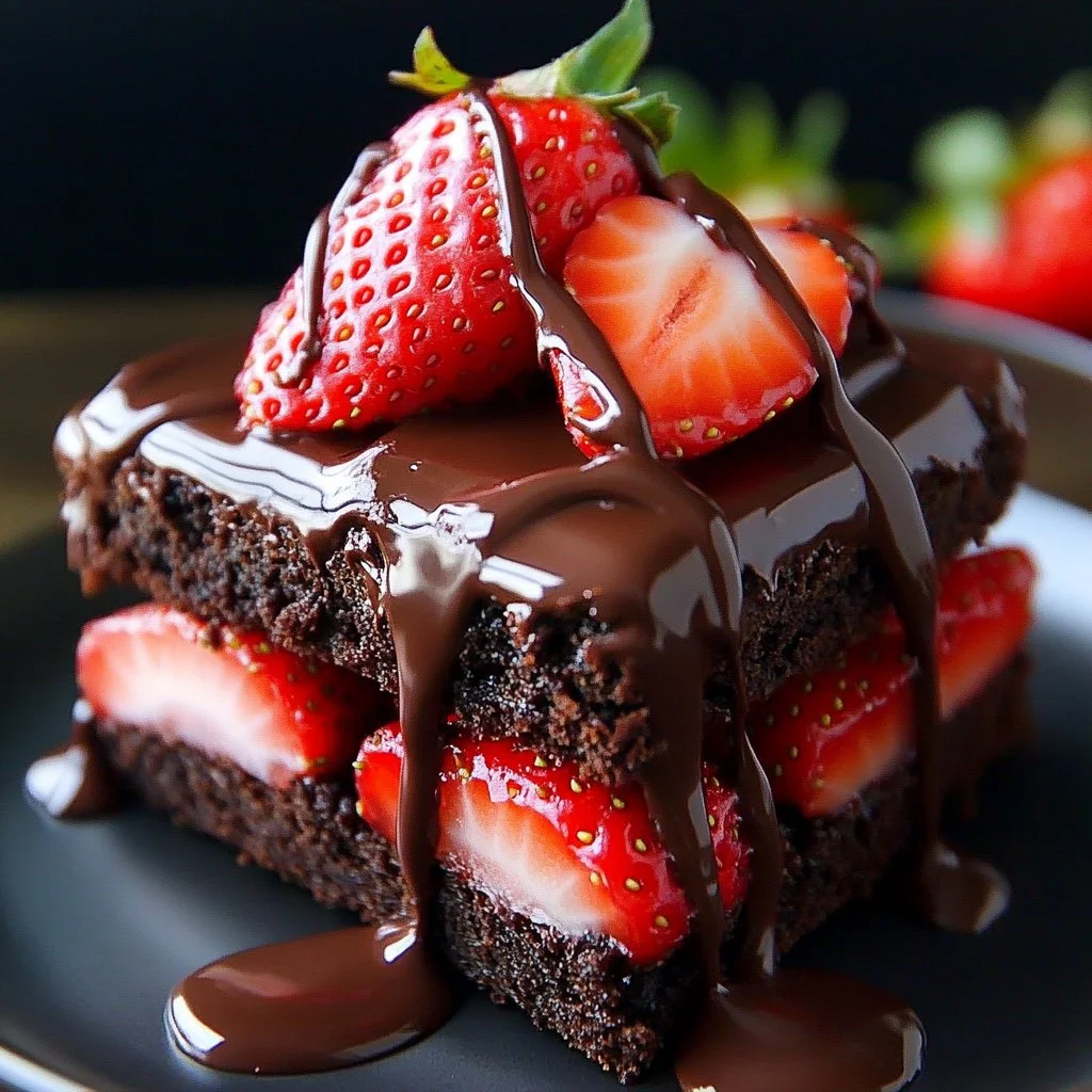 Delicious chocolate covered strawberry brownies topped with fresh strawberries