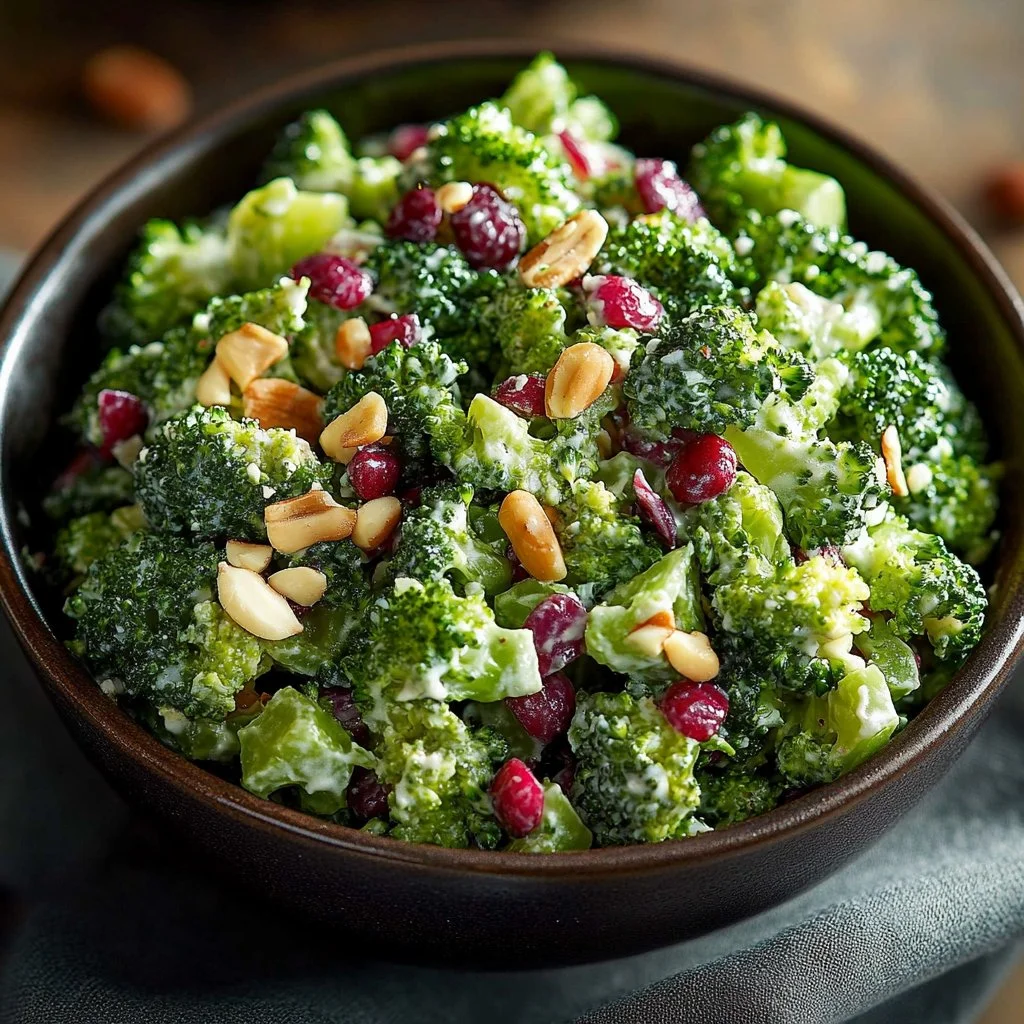Chopped broccoli salad with fresh vegetables and dressing