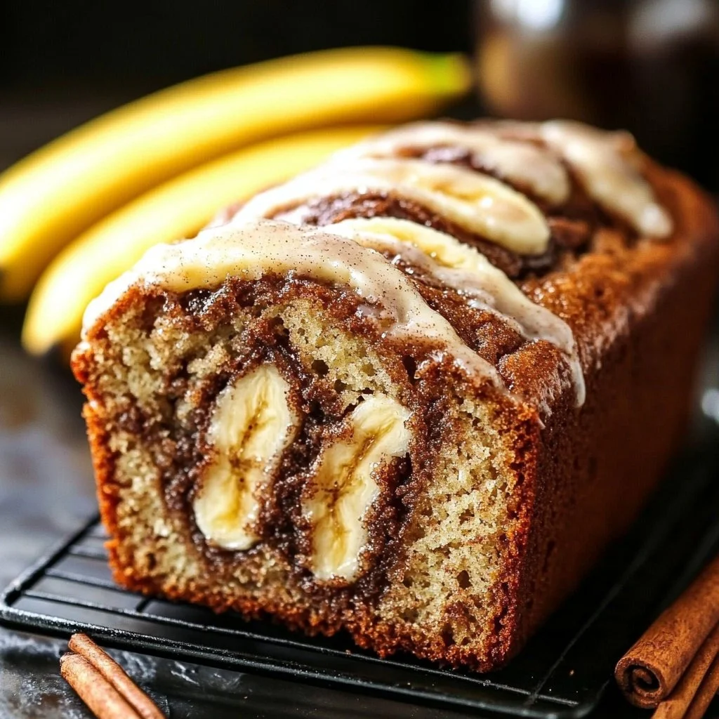 Loaf of cinnamon swirl banana bread fresh out of the oven