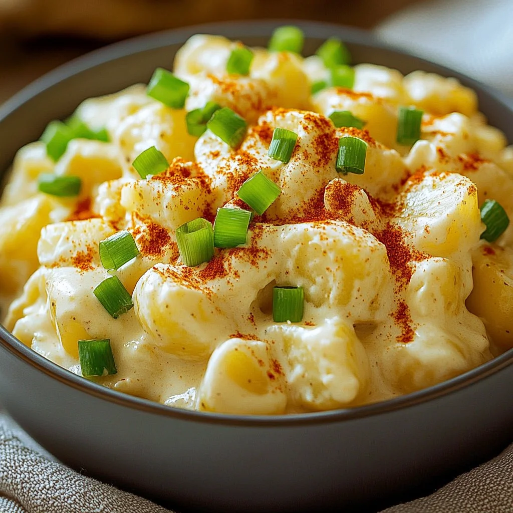 Classic potato salad garnished with herbs and served in a bowl