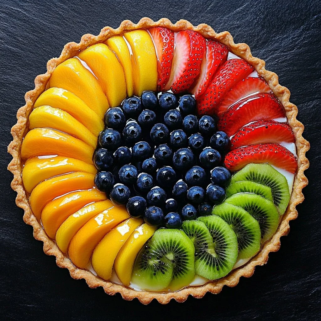 Colorful Fruit Pizza topped with fresh fruits and a creamy layer