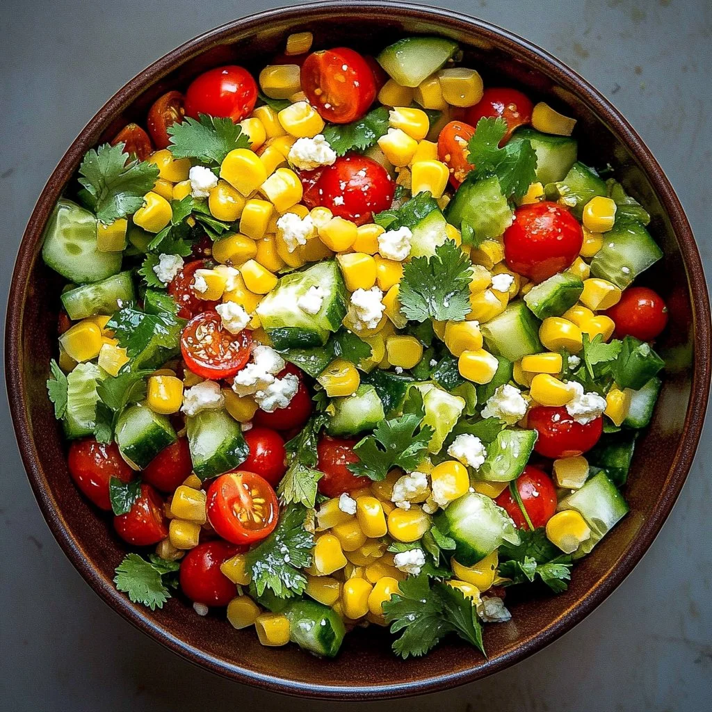 Colorful corn salad with fresh vegetables and dressing