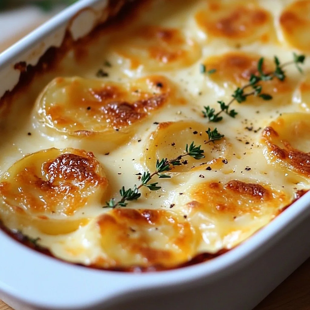 Creamy cheddar scalloped potatoes baked to perfection with cheese and spices.