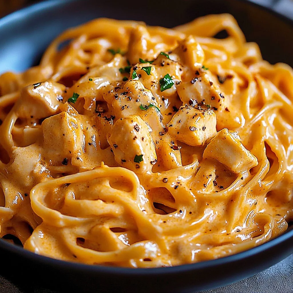 Creamy Cowboy Butter Chicken Pasta with herbs and spices, garnished for presentation