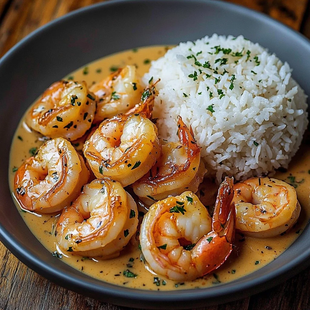 Creamy garlic butter shrimp bowl served in a white dish with herbs