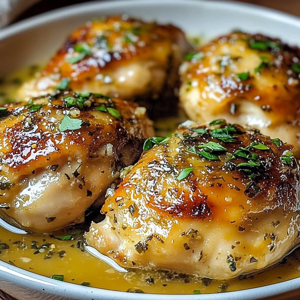 Delicious creamy garlic chicken served on a plate with herbs and spices.