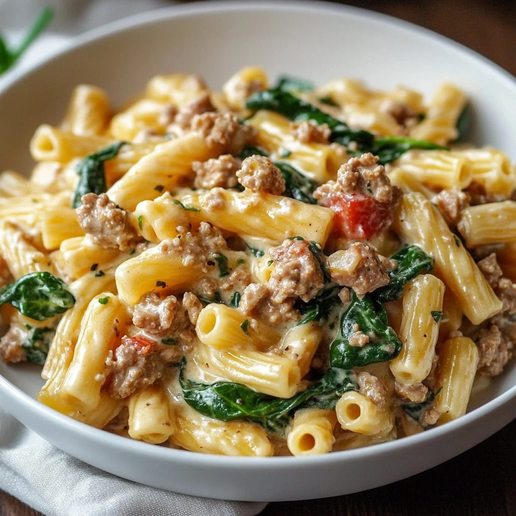 Creamy ground turkey spinach pasta in a bowl ready to serve.