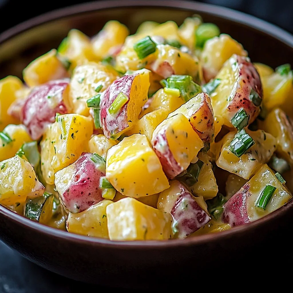 Creamy potato salad with herbs and seasoning in a bowl