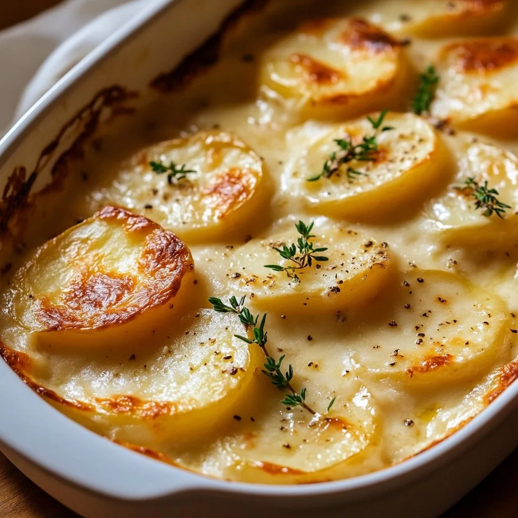 Creamy scalloped potatoes baked to golden perfection in a casserole dish.