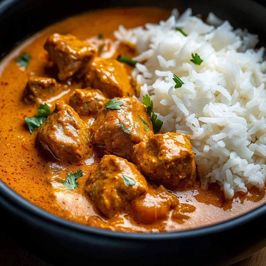 Crockpot Butter Chicken 2 Delicious crockpot butter chicken served with rice and garnished with cilantro