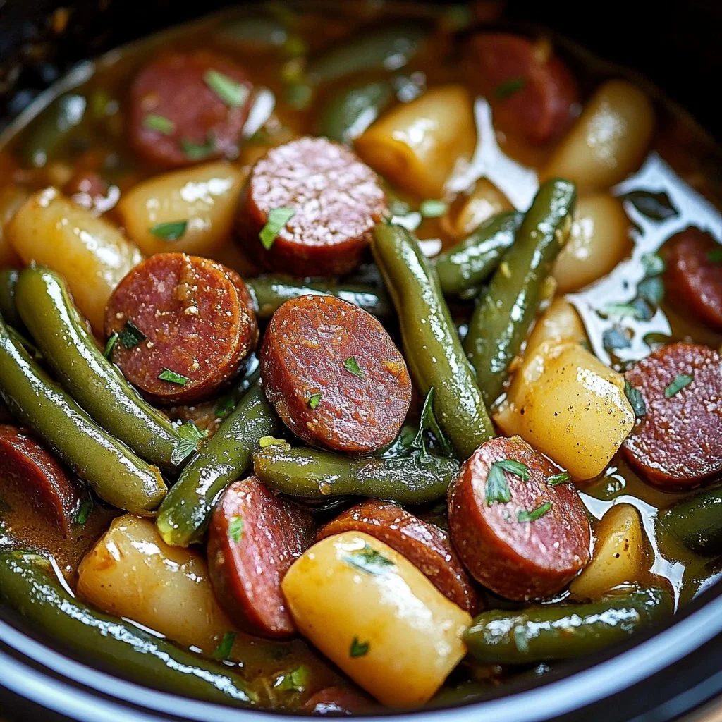 Delicious Crockpot Kielbasa with fresh green beans meal in a slow cooker