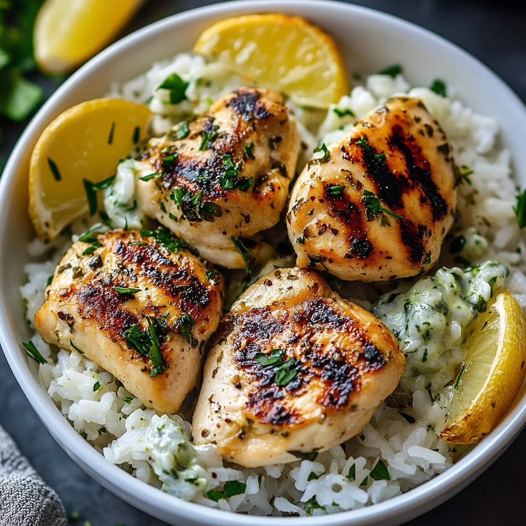 Delicious Dump and Bake Chicken Tzatziki Rice recipe ready to serve.