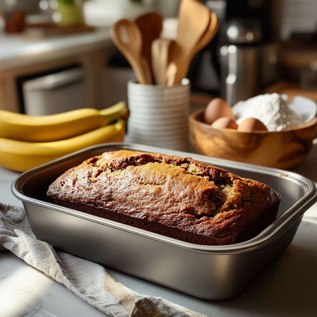 Delicious homemade easy banana bread loaf fresh from the oven