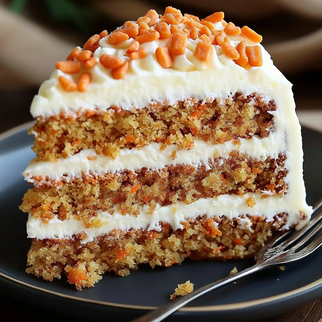 Slice of easy homemade carrot cake with cream cheese frosting