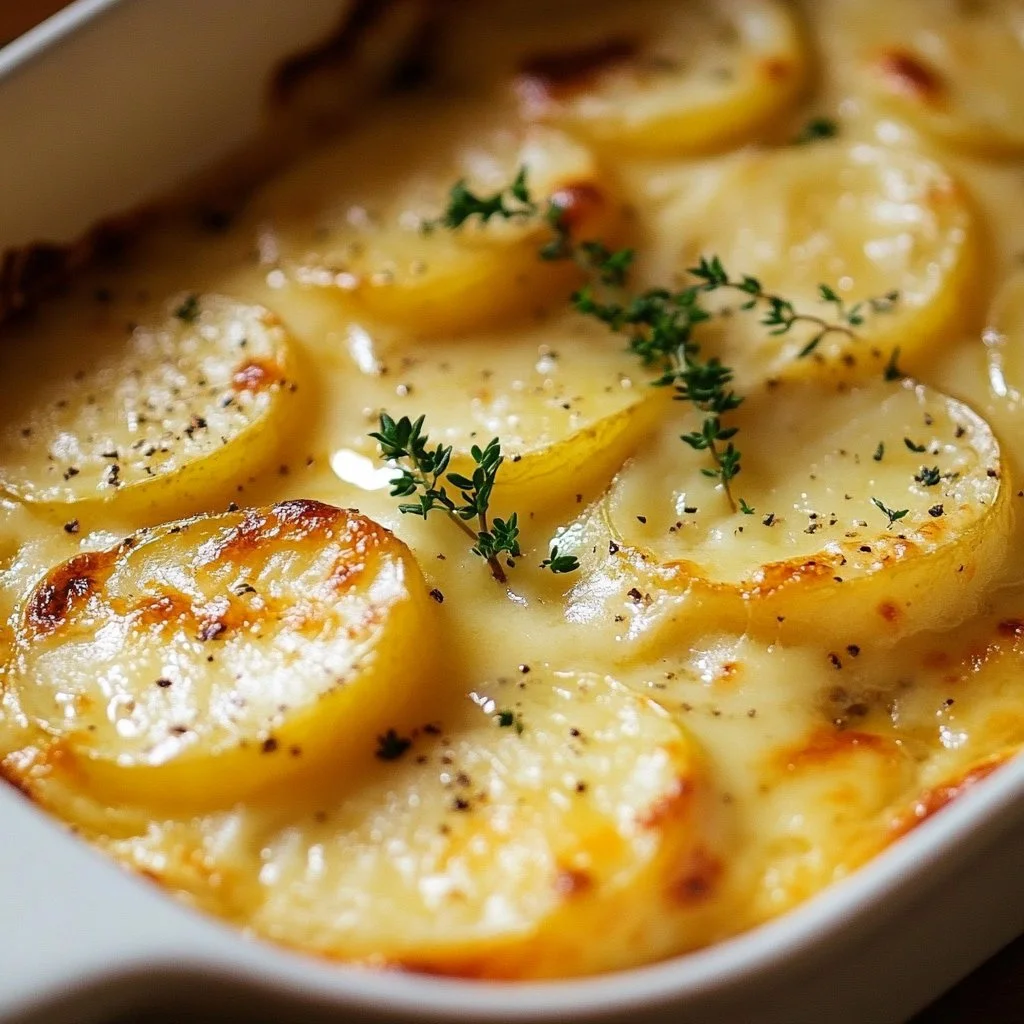 Delicious fast scalloped potatoes served as a creamy side dish