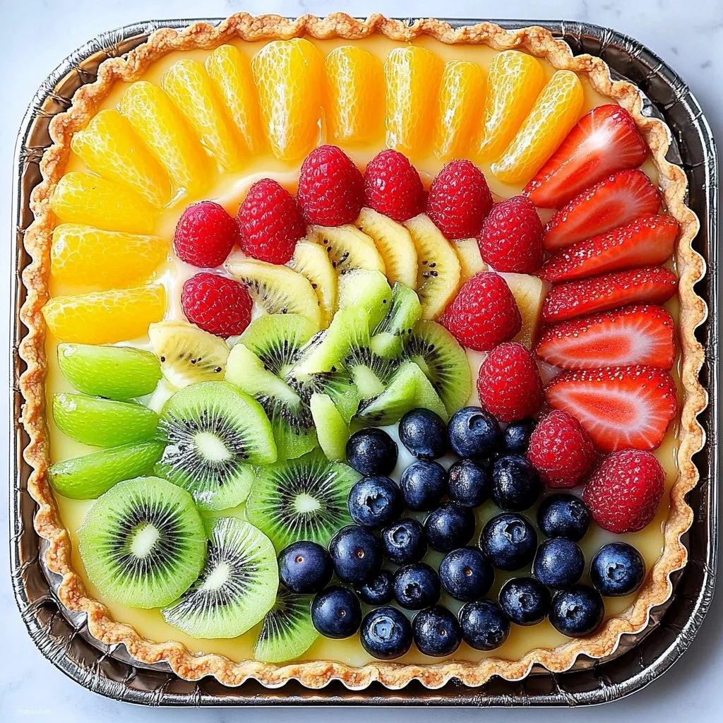 A vibrant Fruit Pizza topped with fresh fruits and a creamy base