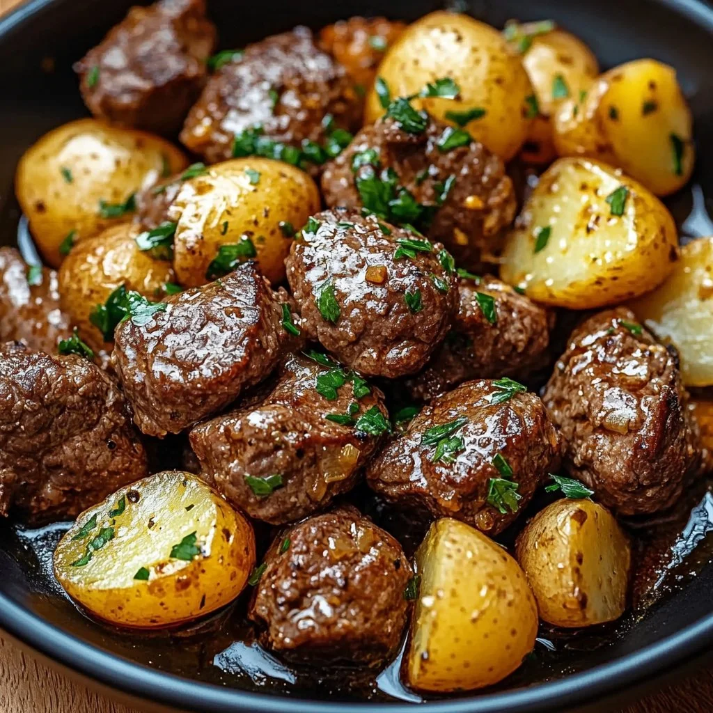 Delicious Garlic Butter Beef Bites served with crispy potatoes