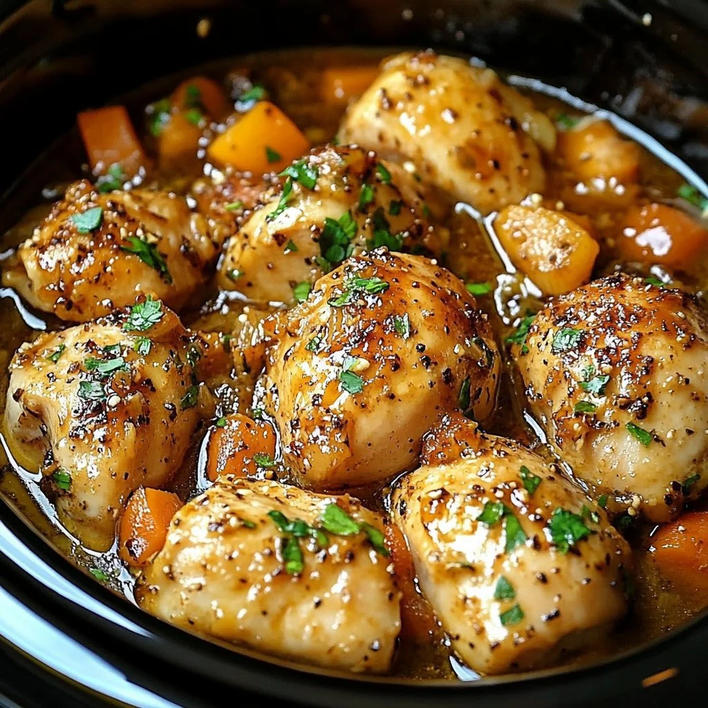 Slow cooker Garlic Butter Chicken dish garnished with herbs