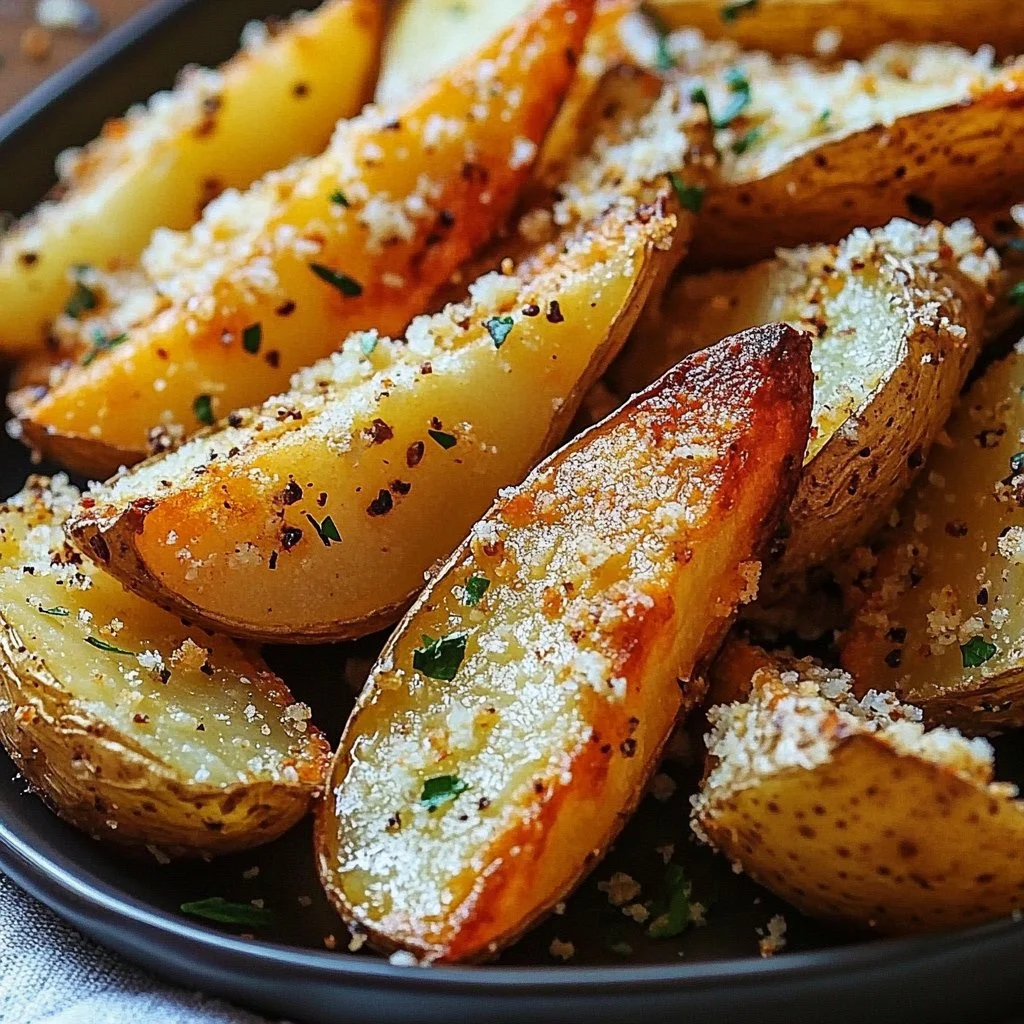 Crispy Garlic Parmesan Potato Wedges served on a plate with dipping sauce