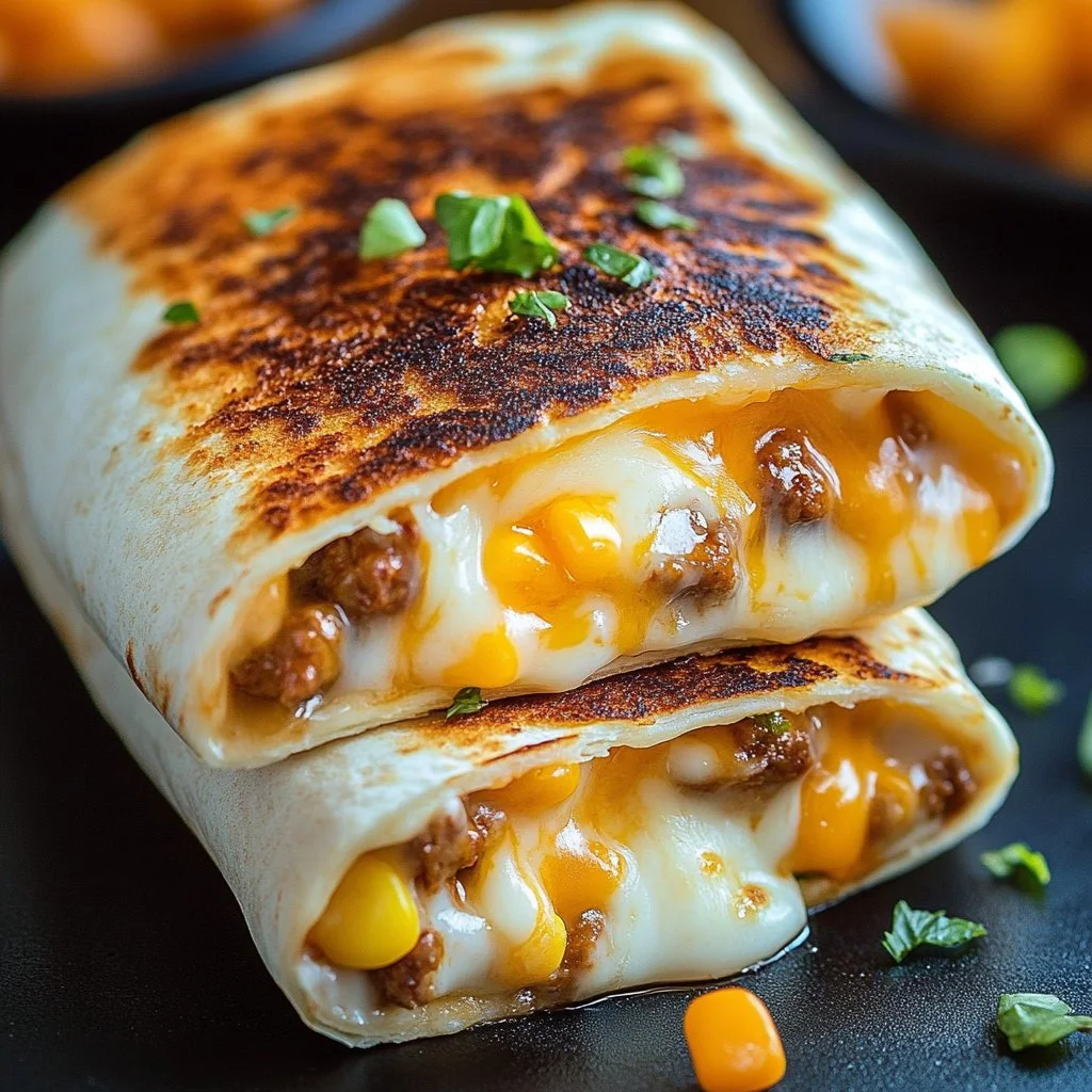 A scrumptious grilled cheese burrito filled with melted cheese and delicious toppings.