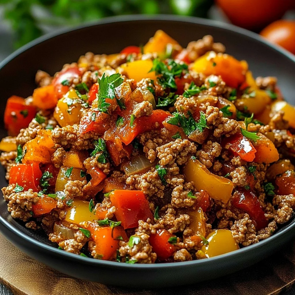Ground turkey and peppers dish fresh from the stove, ready to serve.