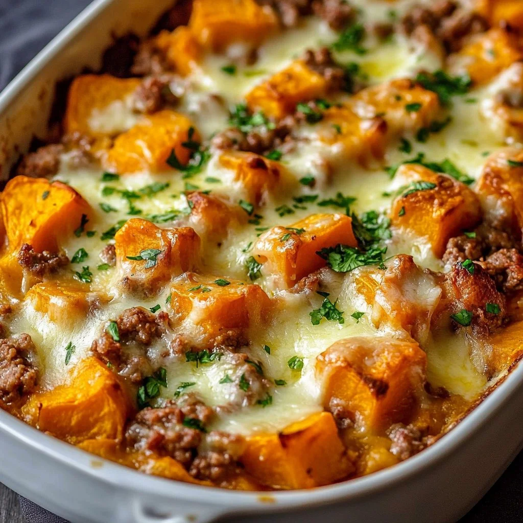 Delicious Ground Turkey Sweet Potato Bake served in a casserole dish.