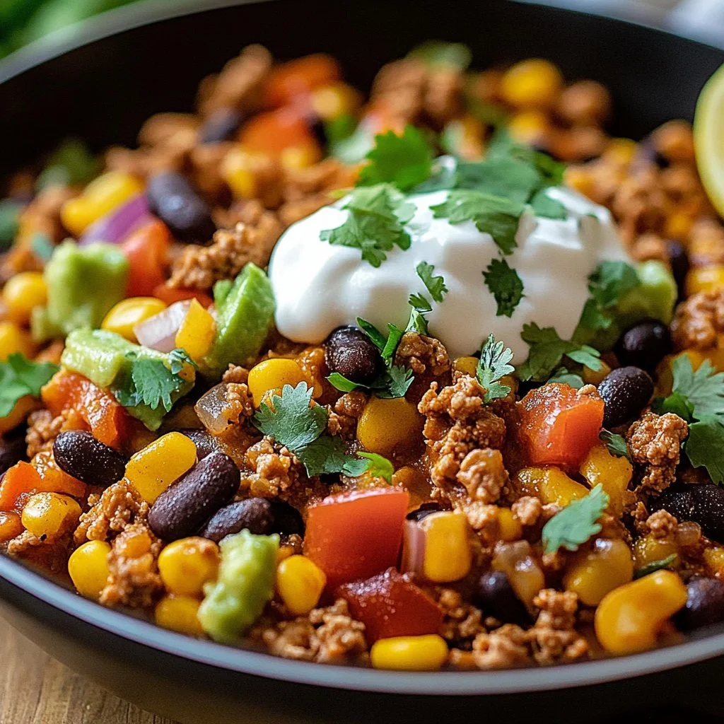 Ground turkey taco skillet dish with colorful toppings