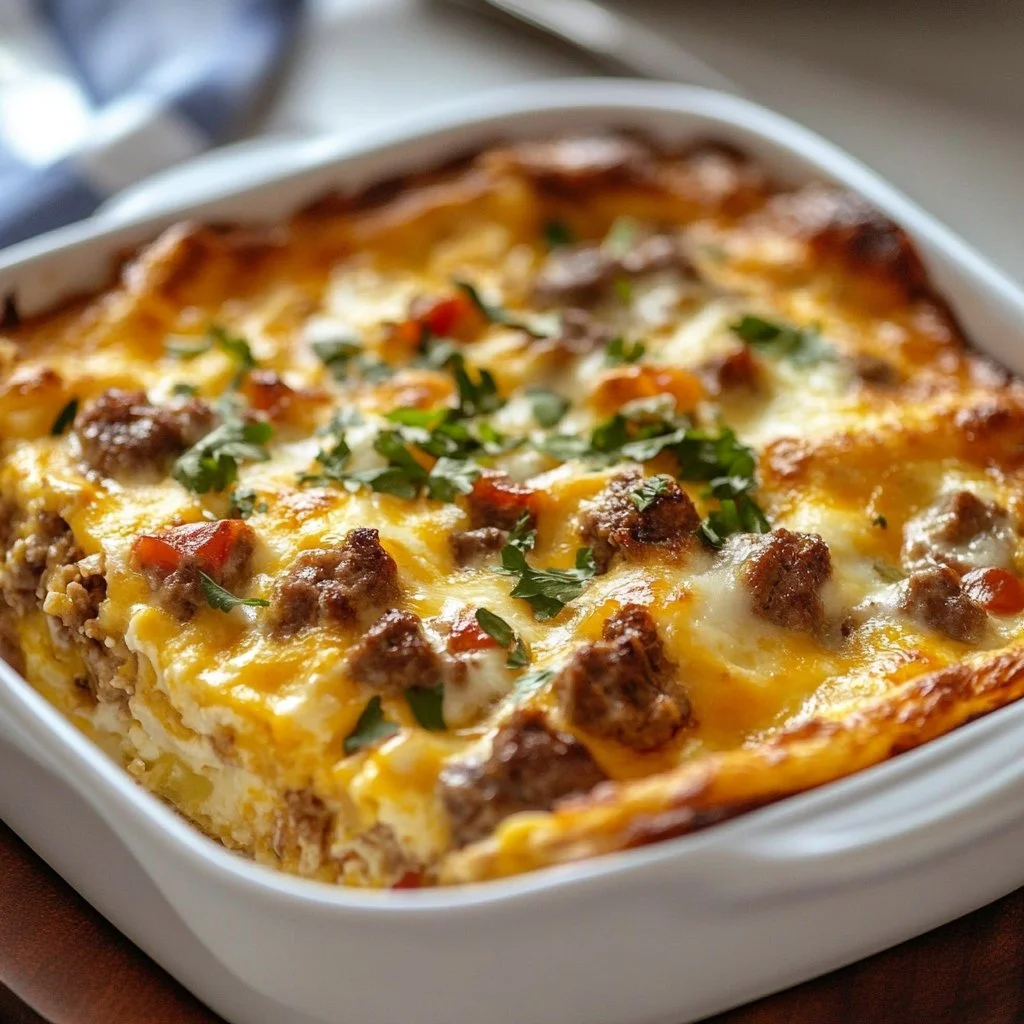Hearty breakfast casserole with eggs, cheese, and vegetables baked to perfection.