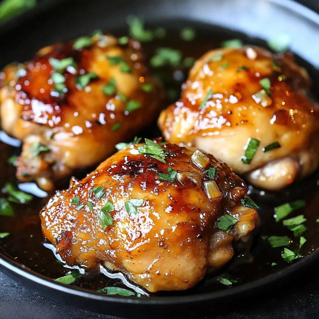 Delicious honey garlic chicken thighs garnished with green onions