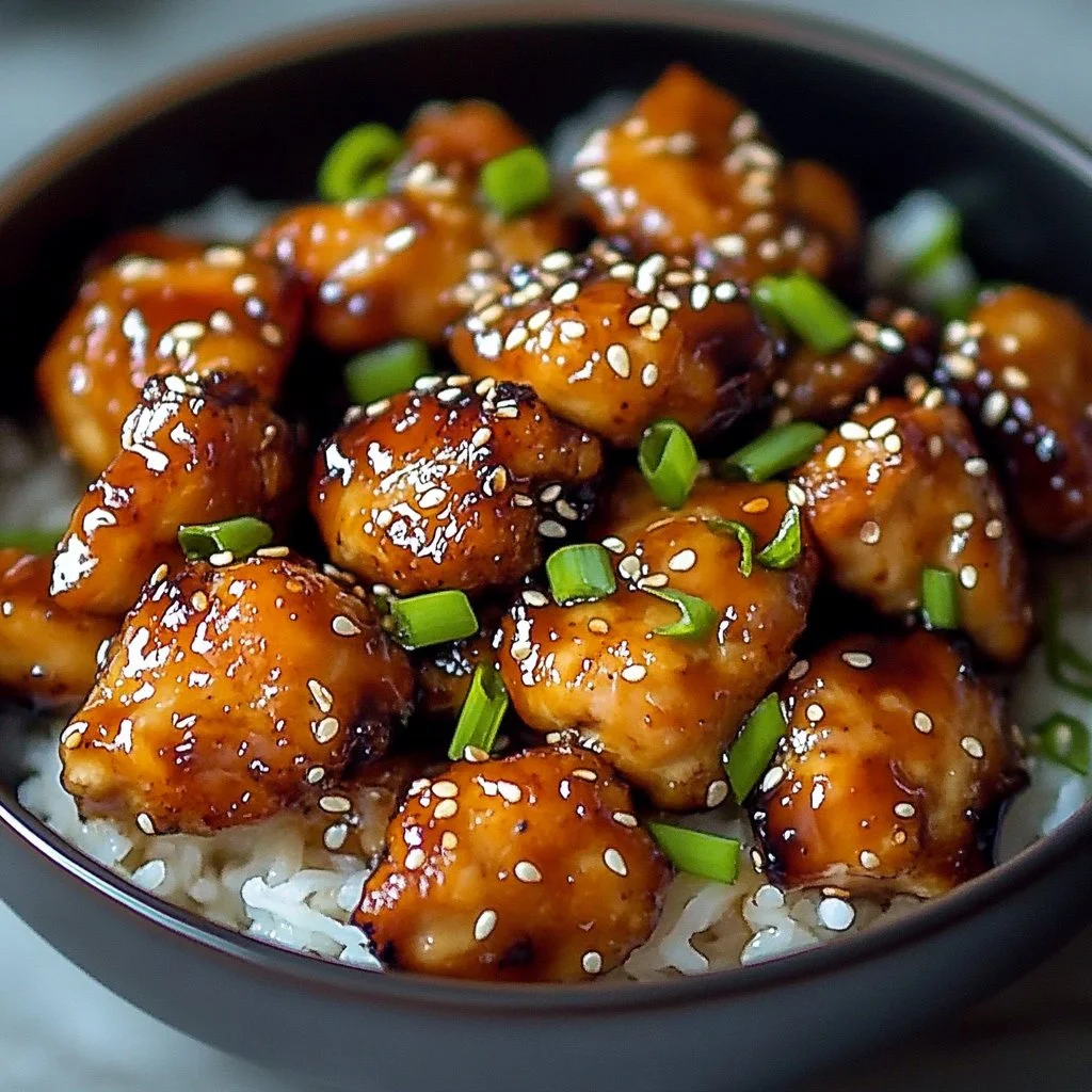 Plate of Honey Garlic Chicken garnished with sesame seeds and green onions.