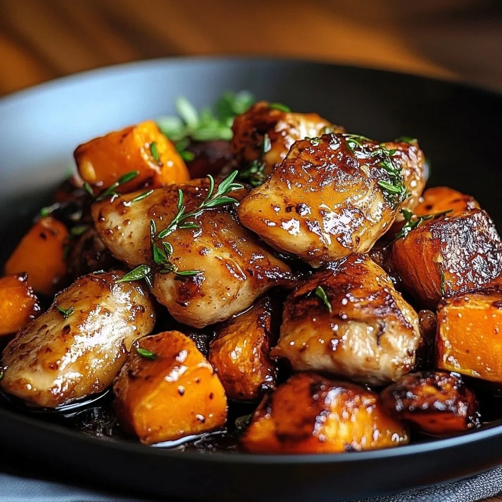 Delicious honey garlic chicken served with roasted sweet potatoes